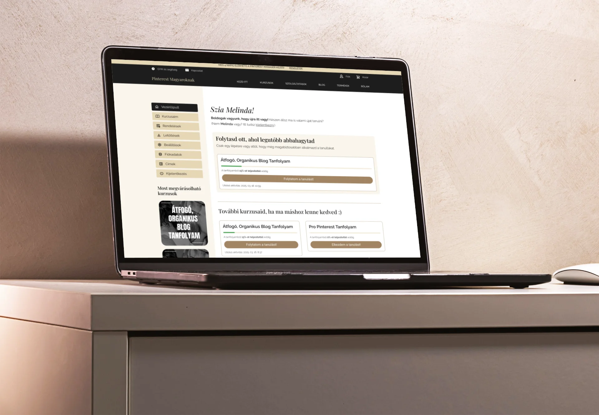 A bejelentkezett felhasználó számára megjelenő profil oldal kezdő nézete, ahol a UX stratégia eredményeként látható egy személyre szabott üdvözlés, a legutóbb félbehagyott kurzus és az arra irányító CTA gomb, valamint a bal oldalsó sávban a profilon belüli navigáció és a további kurzusok ajánlása. 